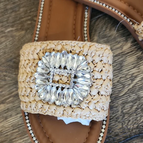 INC International Concepts Tan Woven Sandals with Crystal Accents - Picture 2 of 10